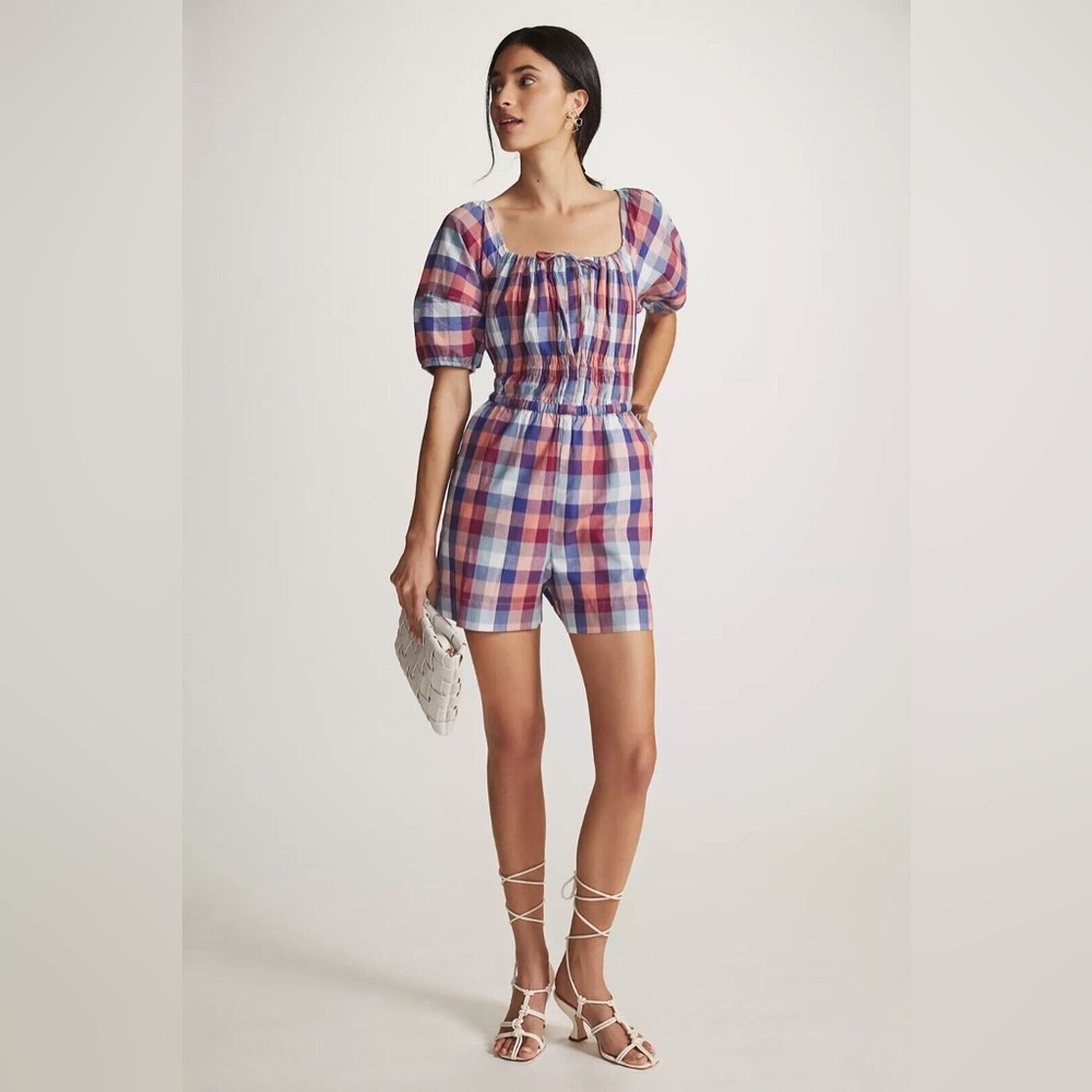 NWT Anthropologie Kopal Red & Blue Gingham Plaid Brea Cotton Romper, MEDIUM